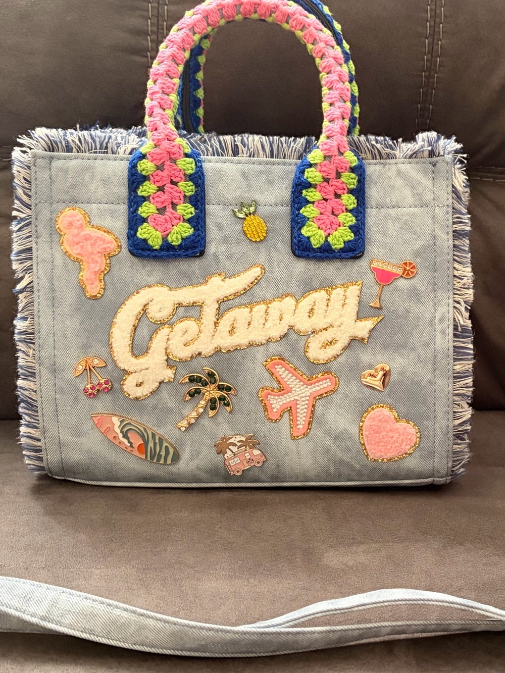 ALDO-Getaway Embroidered Denim Tote Bag - Pink & Blue, Like New